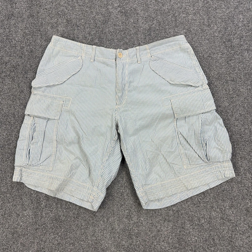 Vintage  Polo Ralph Lauren Cargo‎ Shorts Mens 38 Blue Stripe Seersucker